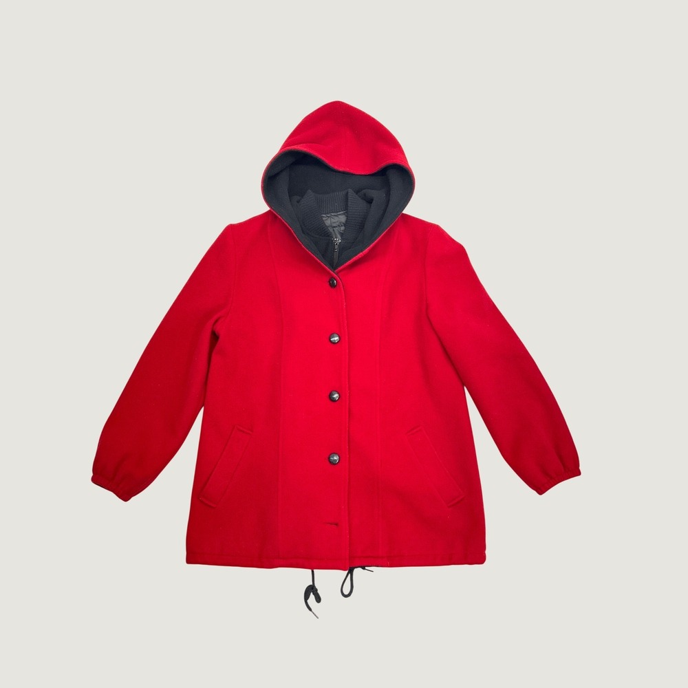 Vintage Mario De Pinto Wool Coat Women L Red Hooded Zip Button Coat USA